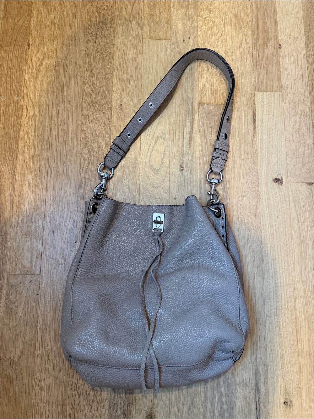 Rebecca Minkoff Taupe Leather Shoulder Bag with Turn-Lock Accent